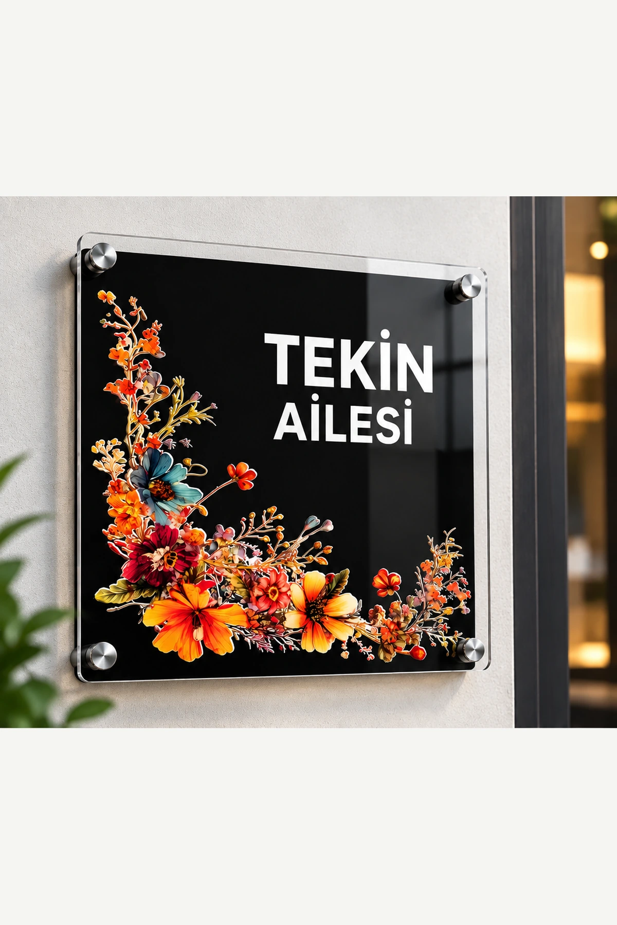 Kişiye Özel Çiçek Desenli Pleksi Kapı İsimliği Aile Tabelası