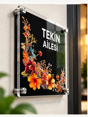 Kişiye Özel Çiçek Desenli Pleksi Kapı İsimliği Aile Tabelası
