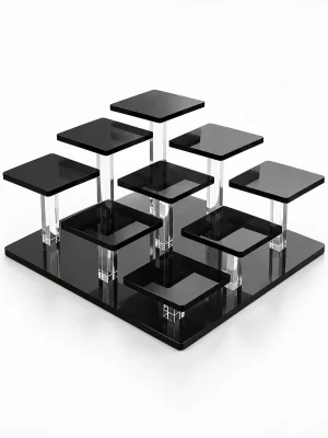 Siyah Pleksi Teşhir Standı – 8 Platformlu Vitrin Standı